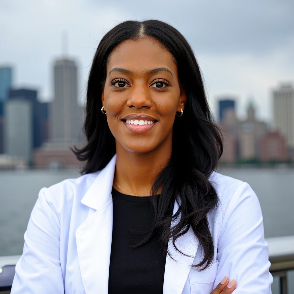 Smiling woman in white coat, city background.