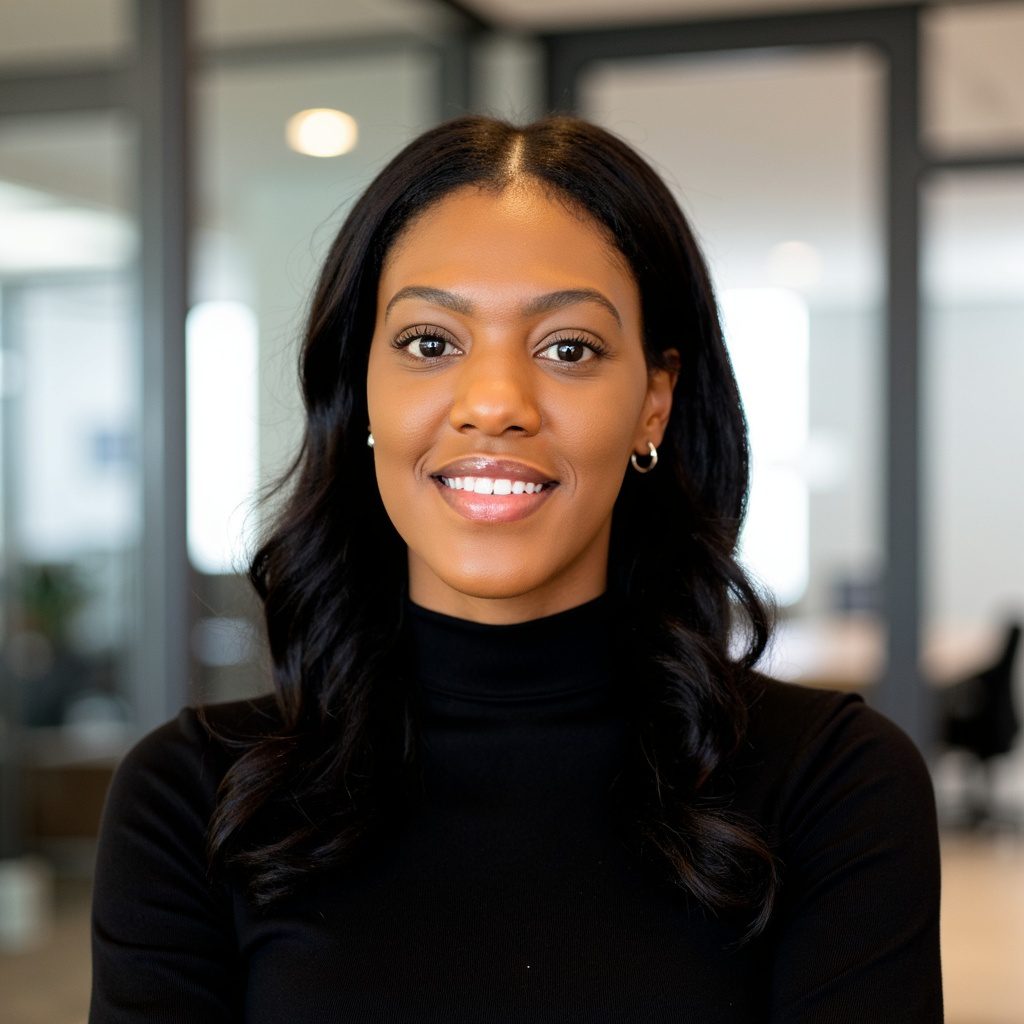 Smiling woman in office setting, professional attire.