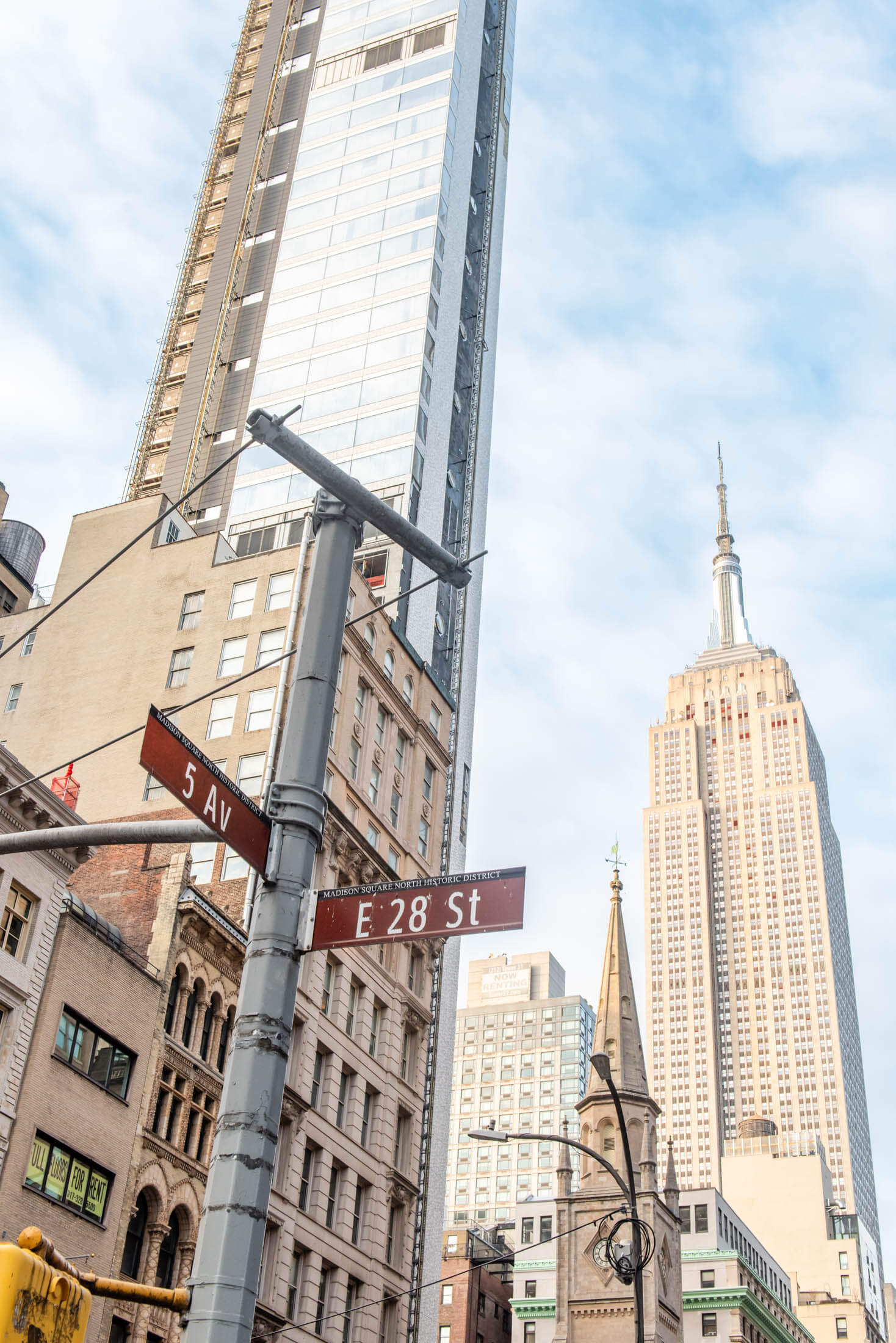 New York City street with skyscrapers.